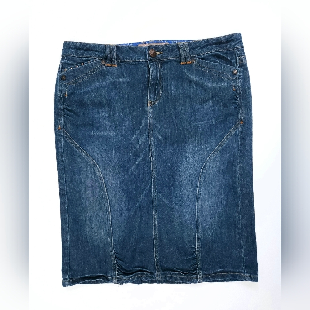 Candies Y2K Ruched Denim Cotton Mid Wash Midi Skirt 34 Inch Waist